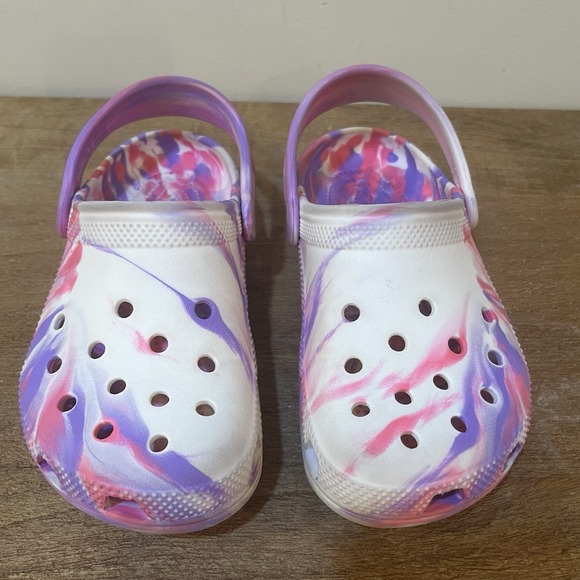 CROCS Other - Girls Crocs Size 1 Pink Purple Tie Dye Marble Classic Clogs Kids Shoes Slip On